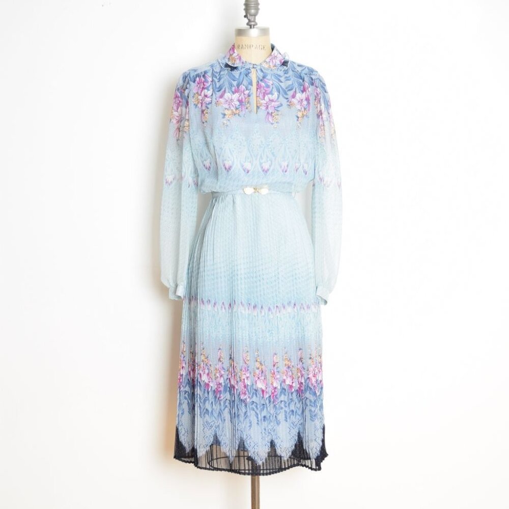 vintage 80s dress blue floral border print secretary belted pleated midi L